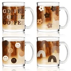 three coffee mugs with different designs on them