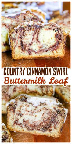 cinnamon swirl buttermilk loaf cut in half and stacked on top of each other