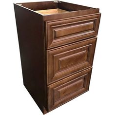 a tall brown cabinet with drawers on the front and bottom, against a white background