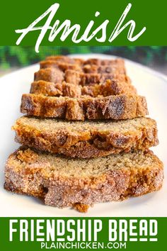 a white plate topped with slices of bread on top of a green and white background