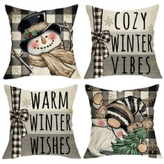 four pillows with different designs on them, including one snowman and the other saying cozy winter vibes