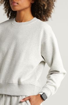 This cotton-rich fleece sweatshirt is indeed as soft as a cloud, and you'll find you're still wearing it long after you've left the gym. 24" length (size Medium) Crewneck Long sleeves Ribbed cuffs and hem 72% cotton, 25% polyester, 3% spandex Machine wash, tumble dry Imported Cozy Fit Heather Grey Sweatshirt With Ribbed Cuffs, Cozy Fit Fleece Sweatshirt For Everyday, Cozy Fleece Sweatshirt For Everyday, Heather Grey Fleece Sweatshirt Athleisure, Heather Grey Fleece Sweatshirt For Athleisure, Heather Grey Fleece Sweatshirt In Athleisure Style, Sporty Fleece Sweatshirt For Everyday, Sporty Fleece Sweatshirt, Heather Grey Fleece Sweatshirt With Ribbed Cuffs