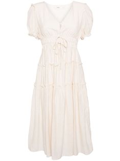 ivory white fully pleated ruffled trim V-neck front button fastening drawstring fastening short puff sleeves fitted waistline tiered skirt mid-length straight hem Bohemian Wedding Guest, City Dress, Tiered Midi Dress, Summer Beach Wear, Tier Skirt, White Midi Dress, Tiered Skirt, Ivory White, Puff Sleeves