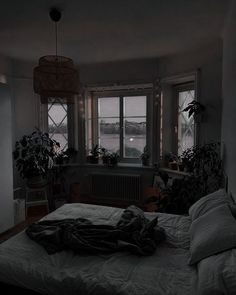 an unmade bed in a dark room with potted plants on the window sill