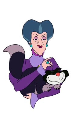 an older woman with blue hair holding a cat in her lap and looking at the camera