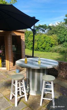 an outdoor table with two stools under an umbrella