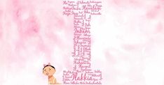 a pink watercolor background with words written in the shape of a baby's head