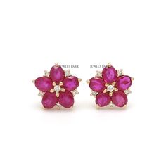 Genuine ruby floral pattern earring studs 14K gold | Natural oval cut ruby diamond studs tops earring gold | Flower shape ruby earring gold GEMSTONE DETAILS : ✦ Gemstone : Ruby ✦ Gemstone Type : Natural ✦ Gemstone Size : 4x3 mm ✦ Gemstone Shape : Oval Cut ✦ Number of Gemstones : 10 ✦ Gemstone Weight : 4-5 carats ✦ Gemstone Grade : AAA DIAMOND DETAILS : ✦ Diamond Type : Natural ✦ Diamond Size : 1.50 mm ✦ Diamond Color : F-G ✦ Diamond Clarity : Slightly included ✦ Diamond Cut : Excellent - Very Go Ruby Earring, Gold Jewelry Prom, Temple Jewellery Earrings, Jewelry Prom, Gold Sapphire Ring, Rainbow Sapphires, Gold Jewelry Stores, Rainbow Bracelet, Earring Gold