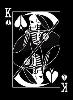 a black and white image of a skeleton holding a knife, playing cards with the letter k