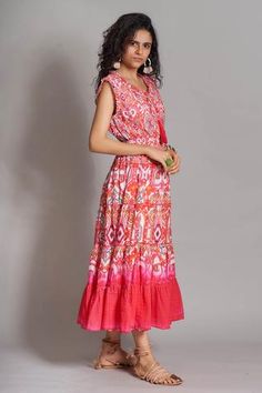 Shop for Payal Jain Pink Cotton Ikat Print Dress for Women Online at Aza Fashions Summer Ikat Print Maxi Dress, Summer Patterned Dresses With Printed Motifs, Patterned Sleeveless Printed Dress, Patterned Sleeveless Maxi Dress With Vibrant Print, Summer Dresses With Ikat Print, Summer Maxi Dress With Ikat Print, Summer Ikat Print Midi Dress, Multicolor Digital Print Sleeveless Dress, Multicolor Sleeveless Dress With Digital Print