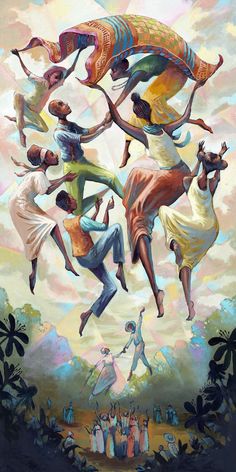 a painting of people jumping in the air