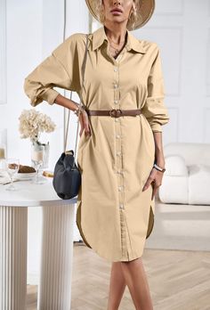 Unleash your inner fashionista with our Halia Collared Button Down Midi Shirt Dress! This dress features a sophisticated collared neckline and a button-down front, creating a chic and polished look. Perfect for any occasion, this dress is sure to turn heads with its elegant midi length and classic taupe color. Upgrade your wardrobe with our versatile and stylish Halia boyfriend shirt dress! Size Guide: Model is 5’7” tall, and has a 33.8” bust, 24.2” waist, & 35.5” hips. She is wearing a S / US 4 / AU 8. This shirt dress is true to size. Material: 100% Cotton. Feature: Collared. Long Sleeves. Midi length. Front button closures. Relaxed fit. Care Instructions: Machine wash / Cold hand wash Collared Cotton Shirt Dress In Solid Color, Solid Color Cotton Shirt Dress For Fall, Fall Solid Color Cotton Shirt Dress, Fall Cotton Shirt Dress Solid Color, Trendy Collared Shirt Dress, Trendy Collared Shirt Dress With Button Closure, Beige Long Sleeve Shirt Dress For Office, Fall Collared Shirt Dress With Button Closure, Collared Shirt Dress With Button Closure For Fall