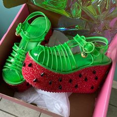 Brand New! Never Worn Outside, Only Tried Them On Once. Purchased From Dolls Kill. Jellies Shoes, Sugar Thrillz Shoes, Watermelon Shoes, Unique Heels, Sugar Thrillz, Fake Cake, Braids With Beads, Jelly Shoes, Jelly Sandals