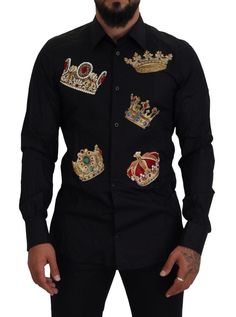 Dolce & Gabbana Black Gold Crown Slim Fit Dress Formal Shirt - Ellie Belle Gold Dress Formal, Crown Embroidery, Slim Fit Dress, Formal Shirt, Shirt Model, Slim Fit Dress Shirts, Slim Fit Dresses, Gold Crown, Fit Dress