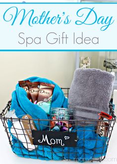 mother's day spa gift idea in a basket with towels and personalized items