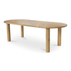 a wooden table with two legs and a long oval shaped top, on a white background