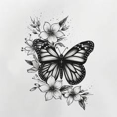 a black and white drawing of a butterfly with flowers on it's back side