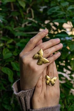 Here is a dainty Butterfly brass bracelet with a art nouveau taste turned in a boho chic jewel. These rings and bracelet are gold-colored, but simple trinkets are still a hinkcker. The brass is bendable, please bend the product along your finger to adjust the ring, bracelet to be fit to your hand! ►Handcrafted from 100% pure brass by Vietnam skilled craftsman. It is soldered together using hand-engraved, hammered, textured and gently polished. Due to the simplicity, these earrings are perfect fo Matte Gold Brass Rings For Gift, Matte Gold Brass Rings As Gifts, Minimalist Hand Forged Gold Midi Rings, Handmade Delicate Gold Midi Rings, Delicate Handmade Gold Midi Rings, Handmade Minimalist Gold Midi Rings, Minimalist Handmade Gold Midi Rings, Nature-inspired Gold Open Ring Jewelry, Unique Gold Midi Rings For Everyday