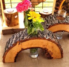 a vase filled with flowers sitting on top of a wooden bench next to a mirror