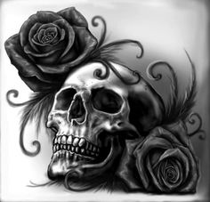 a skull with two roses on it's head is shown in black and white