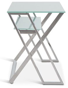 a glass table with metal legs and a clear top