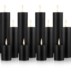 many black candles are lined up together