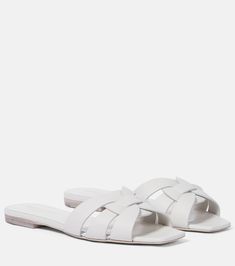 Tribute Leather Sandals in White - Saint Laurent | Mytheresa Sandals Casual, Summer Slippers, Leather Slide Sandals, Casual Slippers, Leather Slippers, Slipper Sandals, Slides Shoes, Leather Slides, Beach Sandals