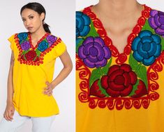 "Vintage 00s Mexican blouse in yellow with an embroidered floral design. Tunic cut with cap sleeves. Please see measurements and condition below. Every garment we sell is authentic vintage and one-of-a-kind! You will receive the exact item photographed. Condition: Very good vintage. Best fits women's: Medium Material: Cotton MEASUREMENTS Taken from seam to seam while the garment is lying flat. Double the armpit, waist, and hips For reference, model is 5'10\" and measures 31-23-34. Length from To Yellow Cotton Tops With Floral Embroidery, Fitted Yellow Tops With Floral Embroidery, Fitted Embroidered Yellow Tops, Fitted Yellow Embroidered Tops, Yellow Embroidered Festival Tops, Yellow Embroidered Tops For Festival, Blouse Y2k, Retro Cap, Chemise Rose