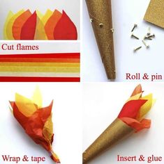four pictures showing how to make a paper cone with flowers and leaves on it, including instructions for making an origami flower