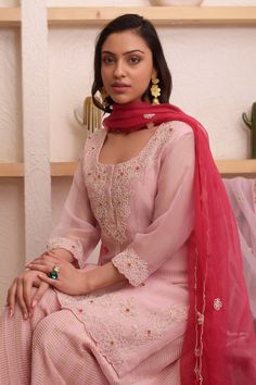 Pink kurta with bead, floral embroidery. Paired with sharara and dupatta.
Component: 3
Pattern: Embroidery
Type Of Work: Bead, floral
Neckline: Round
Sleeve Type: Three quarter
Fabric: Organza, tissue
Color: Pink
Other Details: 
Scallop bordered sheer dupatta
Occasion: Mehendi and Haldi - Aza Fashions Unstitched Chinon Sharara For Reception, Chanderi Sharara For Reception During Eid, Designer Organza Sharara With Straight Kurta, Unstitched Sharara With Resham Embroidery For Reception, Festive Organza Sharara With Dabka Work, Festive Organza Sharara With Resham Embroidery, Eid Reception Sharara With Dabka Work, Semi-stitched Chanderi Sharara With Dori Work, Sharara With Dabka Work And Straight Kurta In Organza