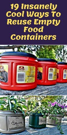 several different types of food containers with text overlay that says 19 insanely cool ways to reuse empty food containers