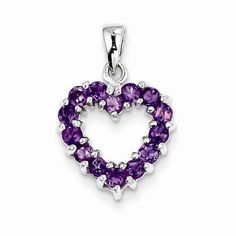 Metal: Sterling SilverLength:20 mmWidth:14 mmGemstones: AmethystGem Weight: 0.8 CTFinish: Polished, Open backFree U.S. Shipping for orders over $99 Protected by our 30-Day Risk Free Returns! Purple Cubic Zirconia Jewelry For Valentine's Day, Amethyst Birthstone Heart Pendant Jewelry, Heart Cut Amethyst Birthstone Jewelry, Purple Sterling Silver Heart Jewelry, Purple Heart Sterling Silver Jewelry, Purple Amethyst Jewelry With Heart Charm, Purple Heart Cut Jewelry For Valentine's Day, Heart Cut Purple Jewelry For Valentine's Day, Purple Heart Pendant Jewelry For Valentine's Day