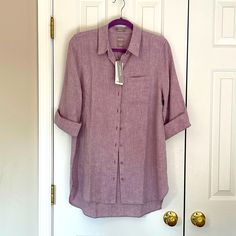 Color: Violet Ice, 3/4 Sleeve, Button-Down, Collared Tunic, Buttons Are Same Color As Fabric Relaxed Fit Top With 3/4 Sleeves And Placket, Fall Blouse With Pockets And 3/4 Sleeves, Fall 3/4 Sleeve Shirt With Relaxed Fit, Relaxed Fit Blouse With Button Cuffs And 3/4 Sleeves, Fall Shirt With 3/4 Sleeves And Relaxed Fit, Relaxed Fit Blouse With Pockets And 3/4 Sleeves, Fall Shirt With Relaxed Fit And 3/4 Sleeve, Relaxed Fit Blouse With 3/4 Roll-up Sleeves, Relaxed Fit Shirt With 3/4 Sleeves For Fall