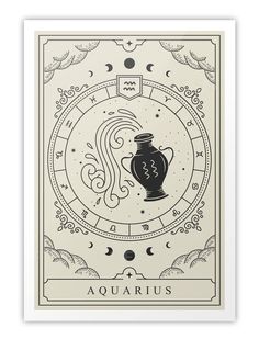 the aquarius zodiac sign in black and white, with an ornate frame around it