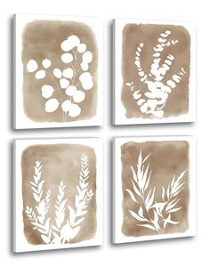 four paintings with white flowers and leaves on them