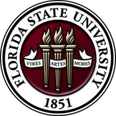 the florida state university seal is shown in red and white, with flames coming out of it