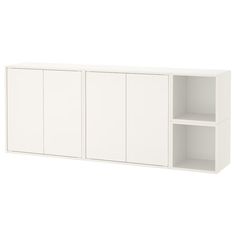 a white cabinet with three doors and two shelves on one side, against a white background