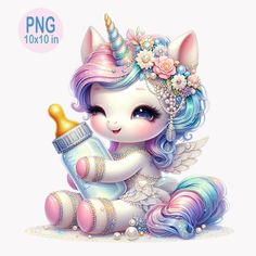 a cute little unicorn holding a baby bottle with flowers on it's head and wearing a tiara