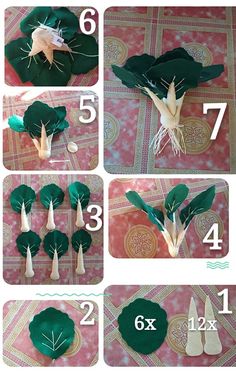 instructions to make paper flowers with green leaves and white stems on the top, in different stages