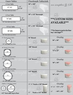 the different sizes and types of tablecloths are shown in this graphic diagram, which shows