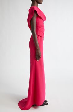 Sculptural draping shapes this sophisticated gown with a cowl that frames the neck and falls beautifully down the back, while further folds adorn the skirt. 63" length (size 4) Square cowl neck Partially lined Cap sleeves 92% polyester, 8% polyurethane Dry clean Made in Italy Designer Clothing Hispanic & Latinx Owned/Founded Pre-draped Evening Dress With Ruched Bodice, Pre-draped Gown With Ruched Bodice For Gala, Pre-draped Cocktail Evening Dress With Pleated Back, Pre-draped Ruched Gown With Fitted Bodice, Pre-draped Maxi Dress With Cowl Back For Gala, Pre-draped Evening Dress With Cowl Back, Formal Pre-draped Gown With Pleated Back, Formal Maxi Length Evening Dress With Folds, Fitted Pre-draped Evening Dress With Cowl Back