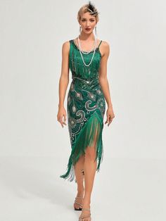 Green Party Collar Sleeveless Fabric Graphic Bodycon Embellished Slight Stretch  Weddings & Events Vintage Fringe, 파티 드레스, 1920s Dress, Womens Cocktail Dresses, Fringe Dress, Formal Dresses For Women, Party Dresses For Women, Asymmetrical Dress, Asymmetric Hem