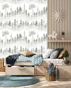 a bedroom with a bed, dressers and wallpaper in the shape of trees