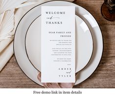 a place setting with white plates and silverware on it, along with the words'welcome to thanks dear family and friends '