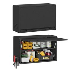 an open cabinet with tools and cleaning supplies in it's bottom compartment, on a white background