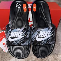 Men’s Size 6 (Women’s Size 7.5, But Also Fits An 8 Considering These Slides Don’t Come In Half Sizes). Brand New & Never Worn! Upper Contains Synthetic Leather. Casual Slip-resistant Slides For Training, Black Nike Sneakers With Logo Print, Casual Low-top Synthetic Slides For Streetwear, Nike Casual Slides With Cushioned Footbed, Nike Casual Slides For Streetwear, Black Slides With Cushioned Footbed For Training, Black Slip-on Slides For Streetwear, Nike Casual Training Slides, Casual Sports Slides With Round Toe