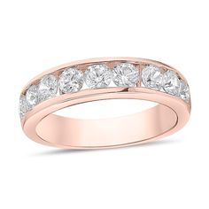 Refresh your look with a timeless style when you wear this brilliant nine-stone channel-set diamond band in rose gold. Fashioned in precious 10K rose gold Nine dazzling 1/6 ct. round diamonds are channel-set along the center. Choose your way to wear: solo, stacked or with your bridal set. This band delights with 1-1/2 cts. t.w. of diamonds. Rose Gold Channel Set Diamond Ring, Classic Rose Gold Channel Set Jewelry, Rose Gold Diamond Ring Channel Set For Anniversary, Rose Gold Channel Set Diamond Ring For Anniversary, Rose Gold Diamond Ring With Channel Set, Rose Gold Round Diamond Ring With Channel Set, Round Channel Set Diamond Ring In Rose Gold, Classic Rose Gold Channel Set Rings, Channel Set Diamond Band