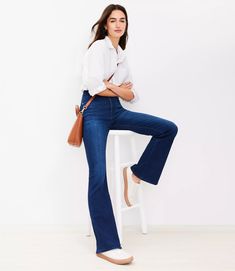 Petite High Rise Slim Flare Jeans in Dark Wash Flare Jeans Petite Women, High Rise Flare Jeans Outfits, How To Style Flared Jeans, Flare Jeans Petite, Shoes With Flare Jeans, High Rise Jeans Outfit, Petite Cropped Jeans, Petite Flare Jeans, Slim Flare Jeans