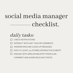 the social media manager checklist is shown in black and white, with text on it