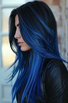 23 Gorgeous Blue Highlights Hairstyles To Transform Your Look Dark Roots Blue Hair, Blue Dipped Hair, Fun Hair Color Ideas For Brunettes Blue, Pretty Colored Hair, Blue Tipped Hair, Black Dyed Hair Ideas, Black To Blue Hair, Blue Highlights In Brown Hair, Cobalt Blue Hair